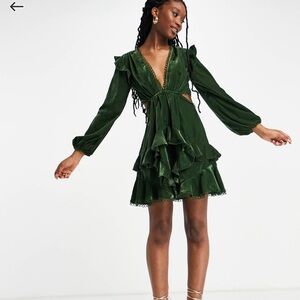 ASOS DESIGN velvet mini dress with circle trim in olive